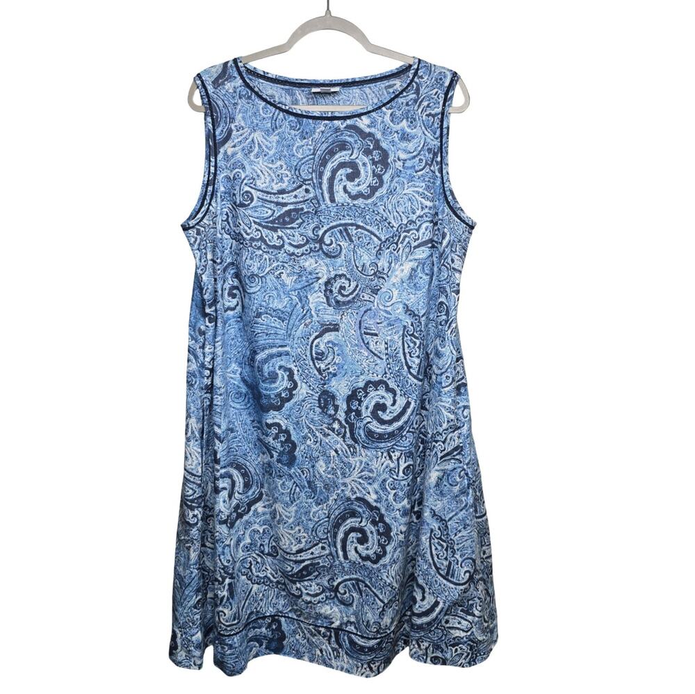J Jill Love Linen Blue Paisley Sleeveless A Line Dress 1X Plus Size 100% Linen